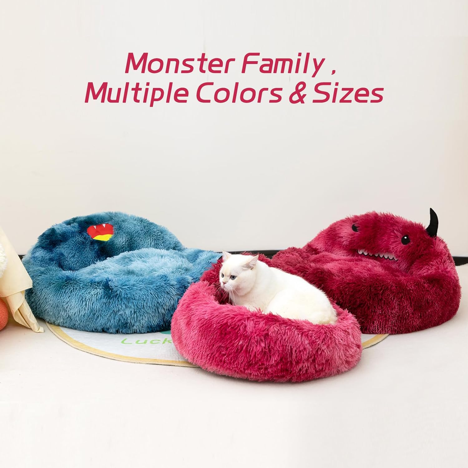 KFX-7157437 Self-Warming Round Faux Fur Pet Bed for Cats and Dogs - Cozy Monster Design, Durable Cushion, Multiple Sizes Available