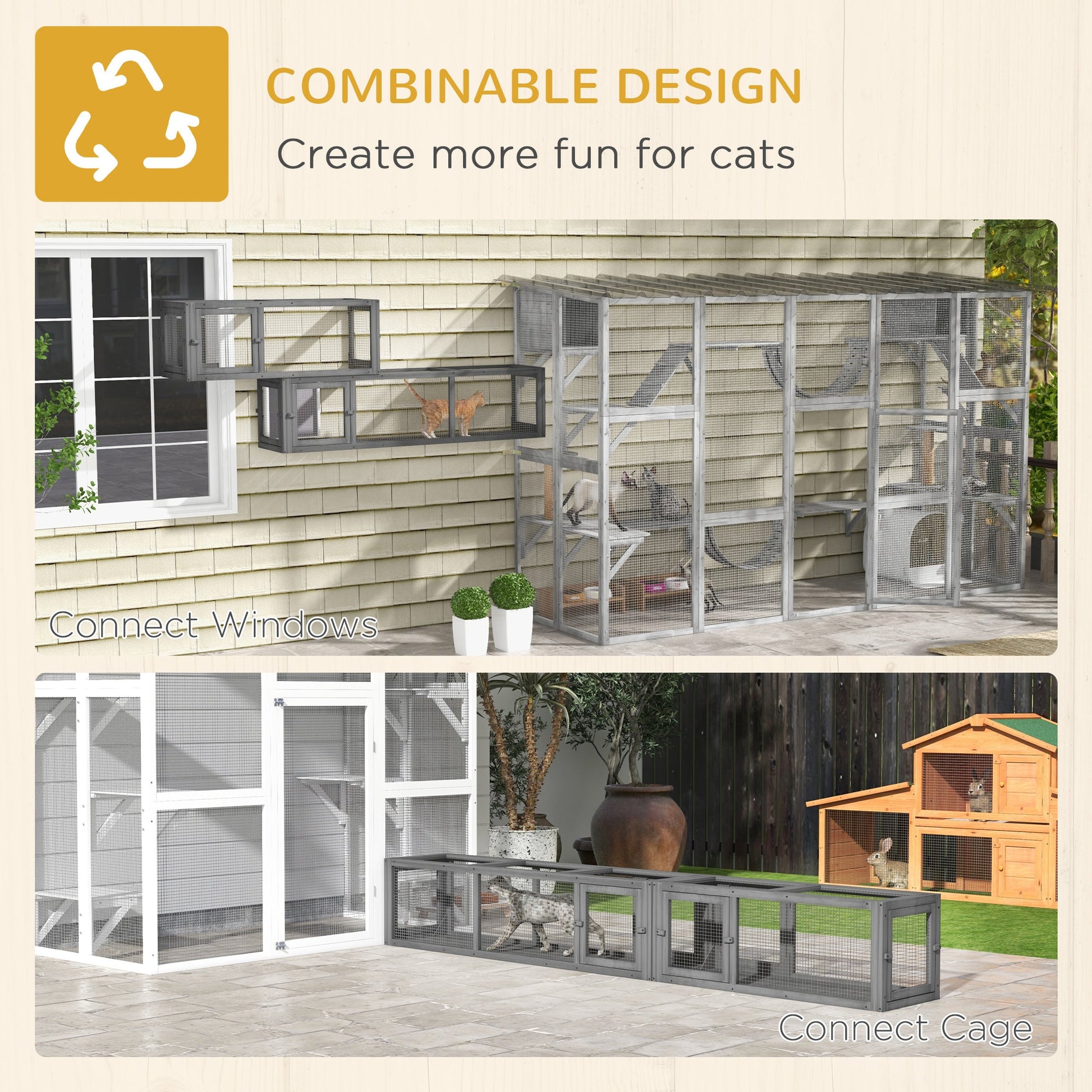 KFX-7159997 Dark Gray Wooden Cat Tunnel with 8 Doors – Outdoor Play Tunnel for Cats Under 10 lbs
