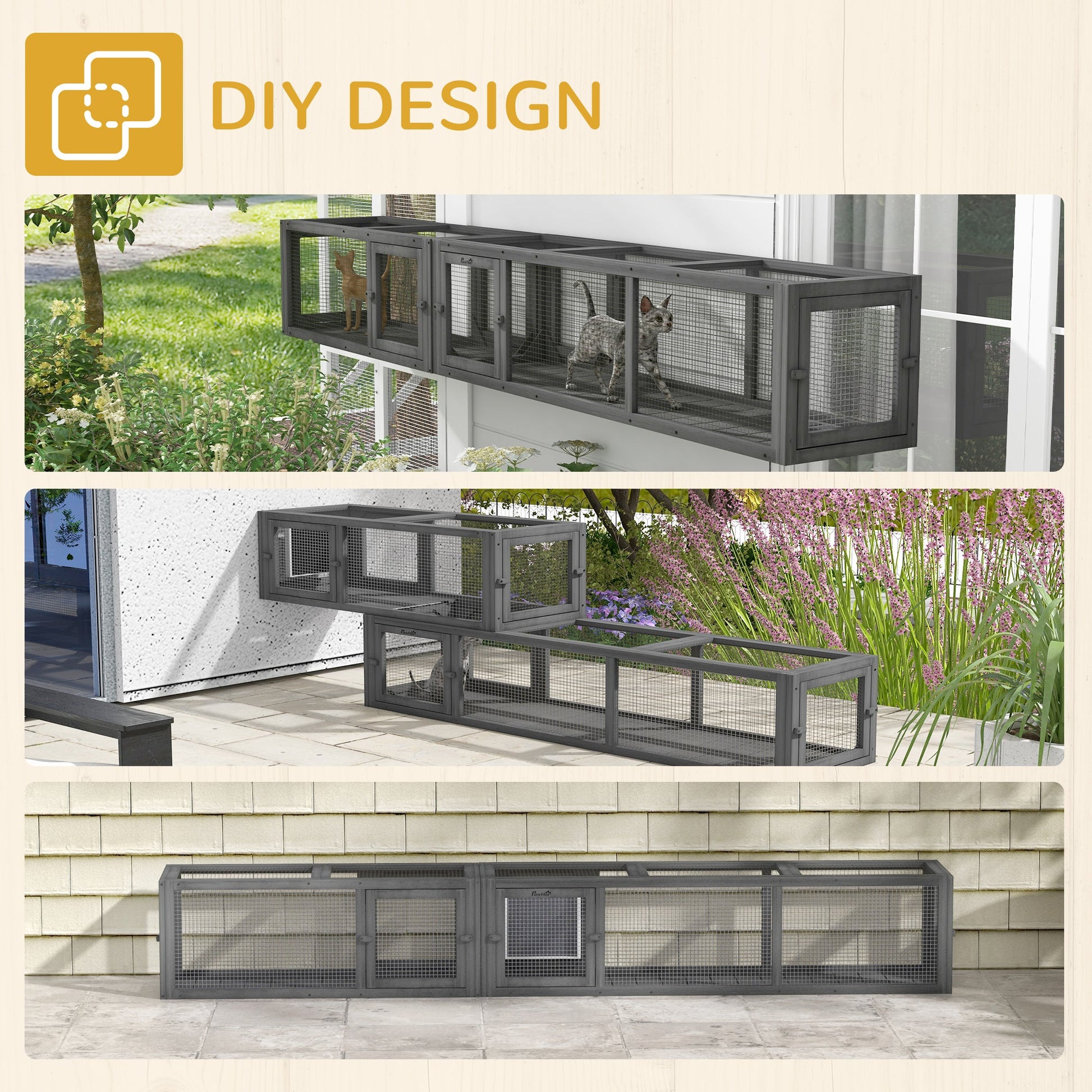KFX-7159997 Dark Gray Wooden Cat Tunnel with 8 Doors – Outdoor Play Tunnel for Cats Under 10 lbs