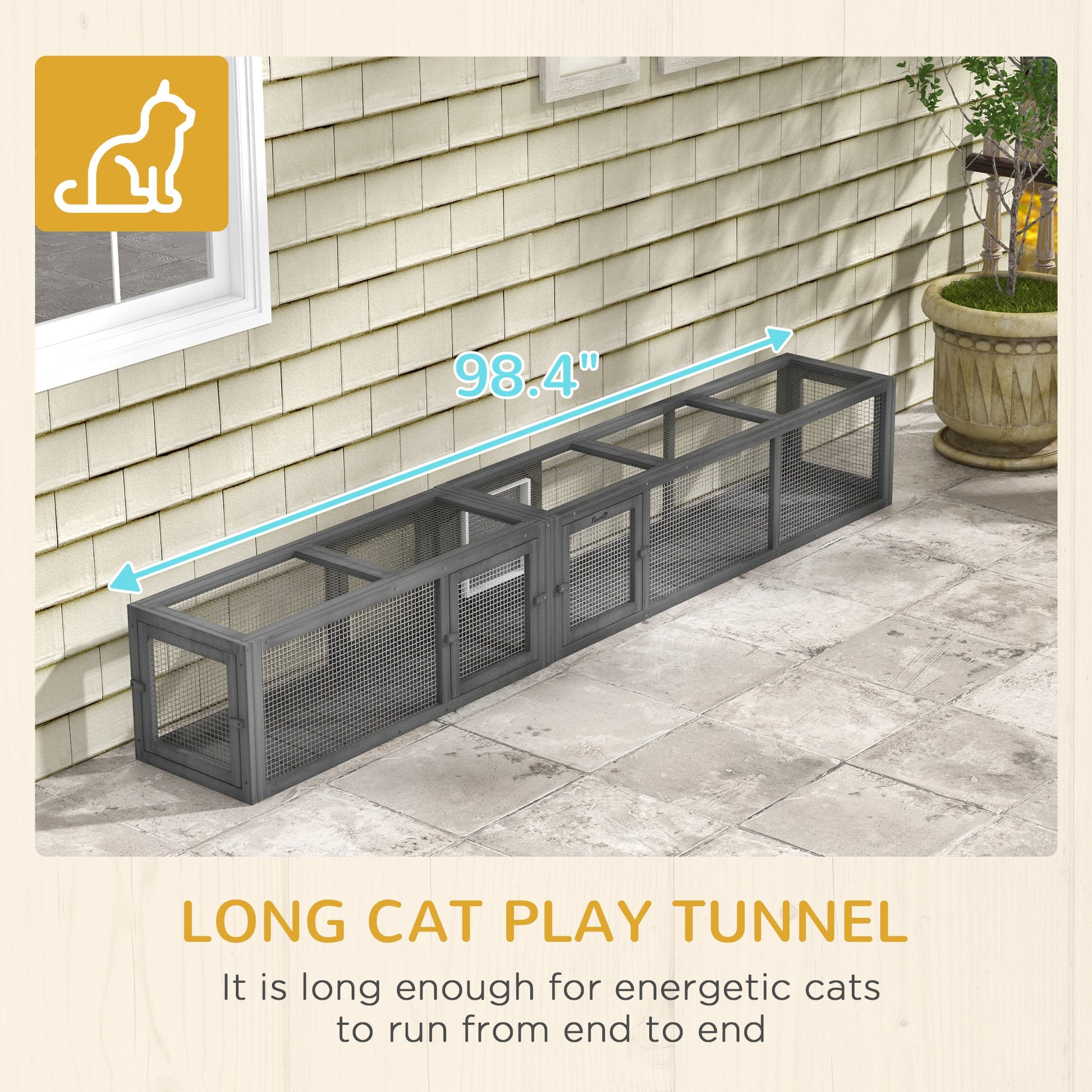 KFX-7159997 Dark Gray Wooden Cat Tunnel with 8 Doors – Outdoor Play Tunnel for Cats Under 10 lbs