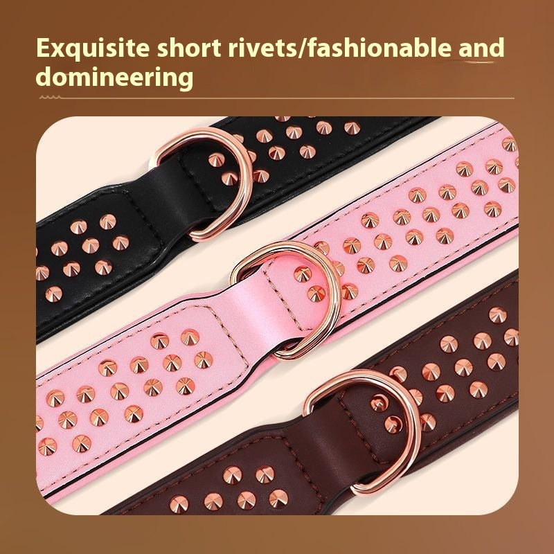 KFX-7161917 Leather Rivet Dog Collar - Anti-Bite, Available in Chocolate, Pink, and Black, Suitable for All Seasons