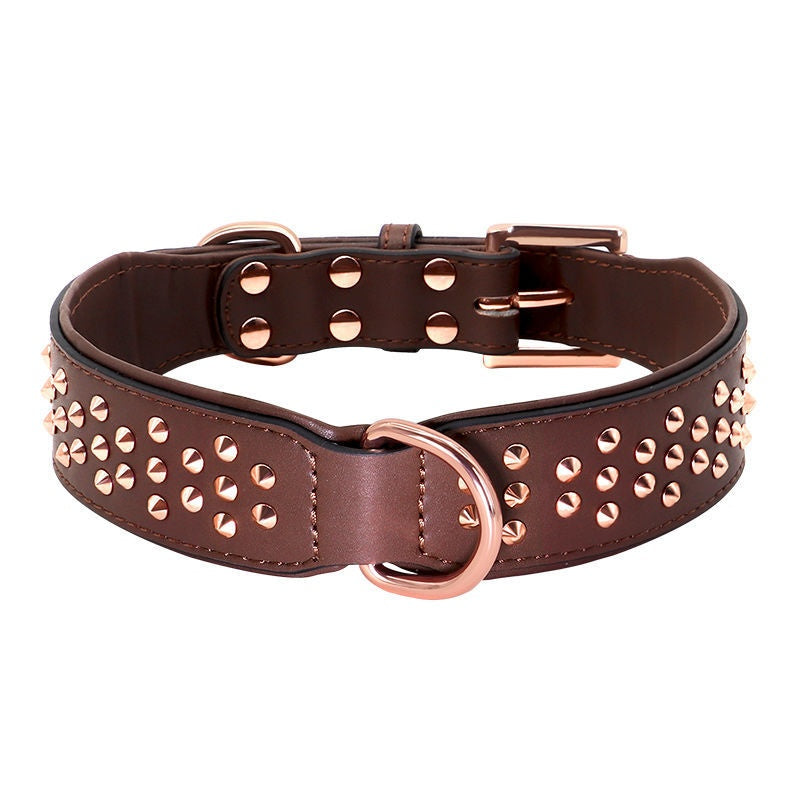 KFX-7161917 Leather Rivet Dog Collar - Anti-Bite, Available in Chocolate, Pink, and Black, Suitable for All Seasons