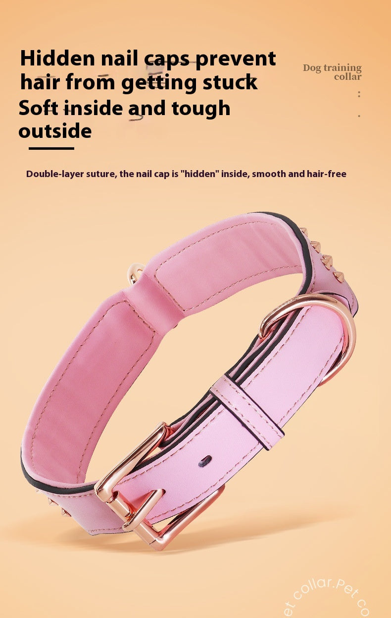 KFX-7161917 Leather Rivet Dog Collar - Anti-Bite, Available in Chocolate, Pink, and Black, Suitable for All Seasons