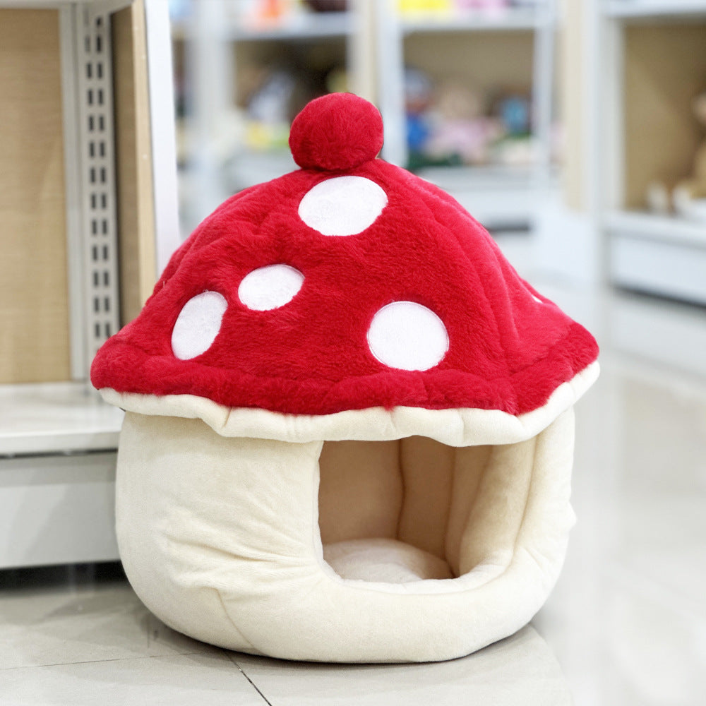 KFX-7163965 Cozy Plush Mushroom-Shaped Half Enclosed Cat Kennel, 42cm
