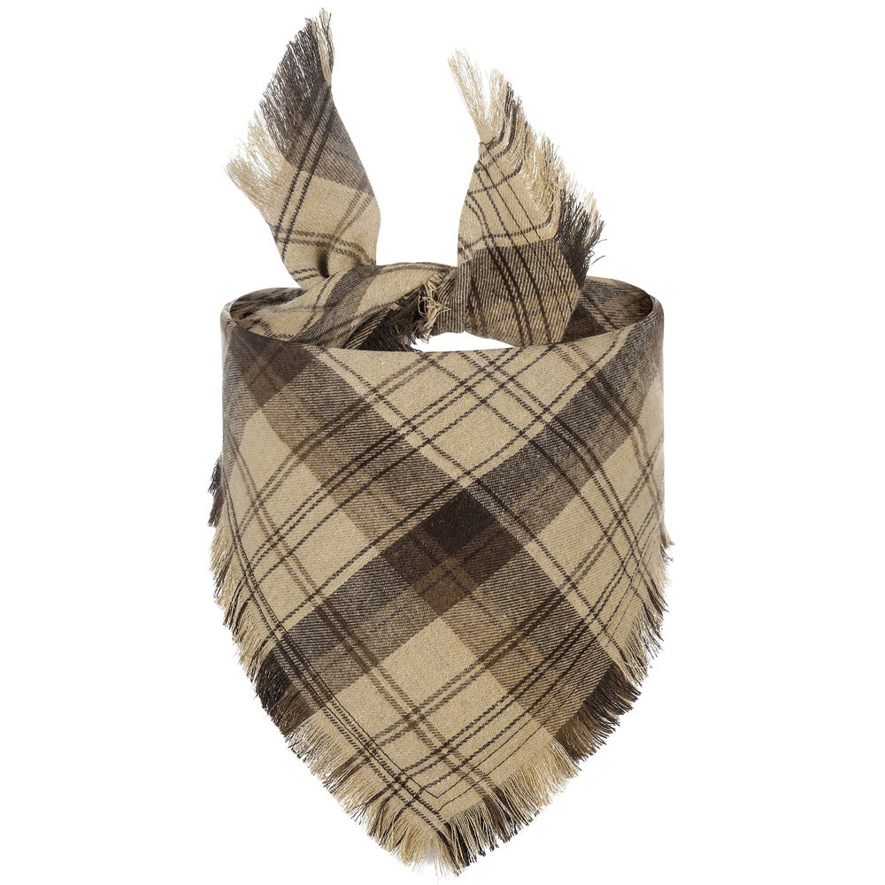 KFX-7165373 Fall Plaid Dog Bandana with Tassel Edges - Cozy Triangle Scarf for Thanksgiving and Everyday Wear