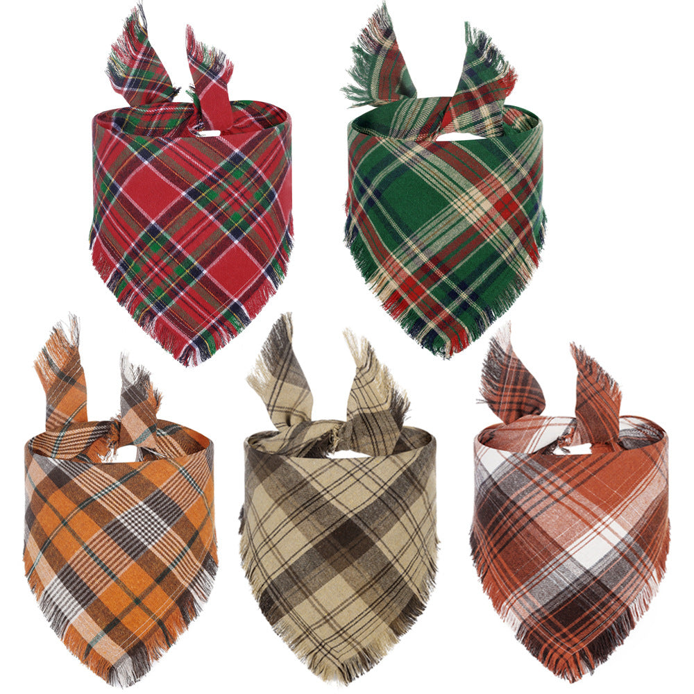 KFX-7165373 Fall Plaid Dog Bandana with Tassel Edges - Cozy Triangle Scarf for Thanksgiving and Everyday Wear