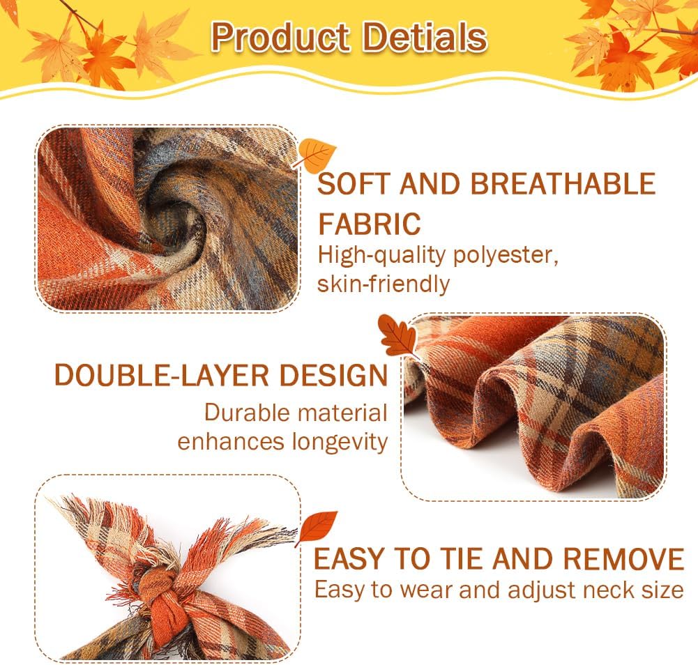 KFX-7165373 Fall Plaid Dog Bandana with Tassel Edges - Cozy Triangle Scarf for Thanksgiving and Everyday Wear