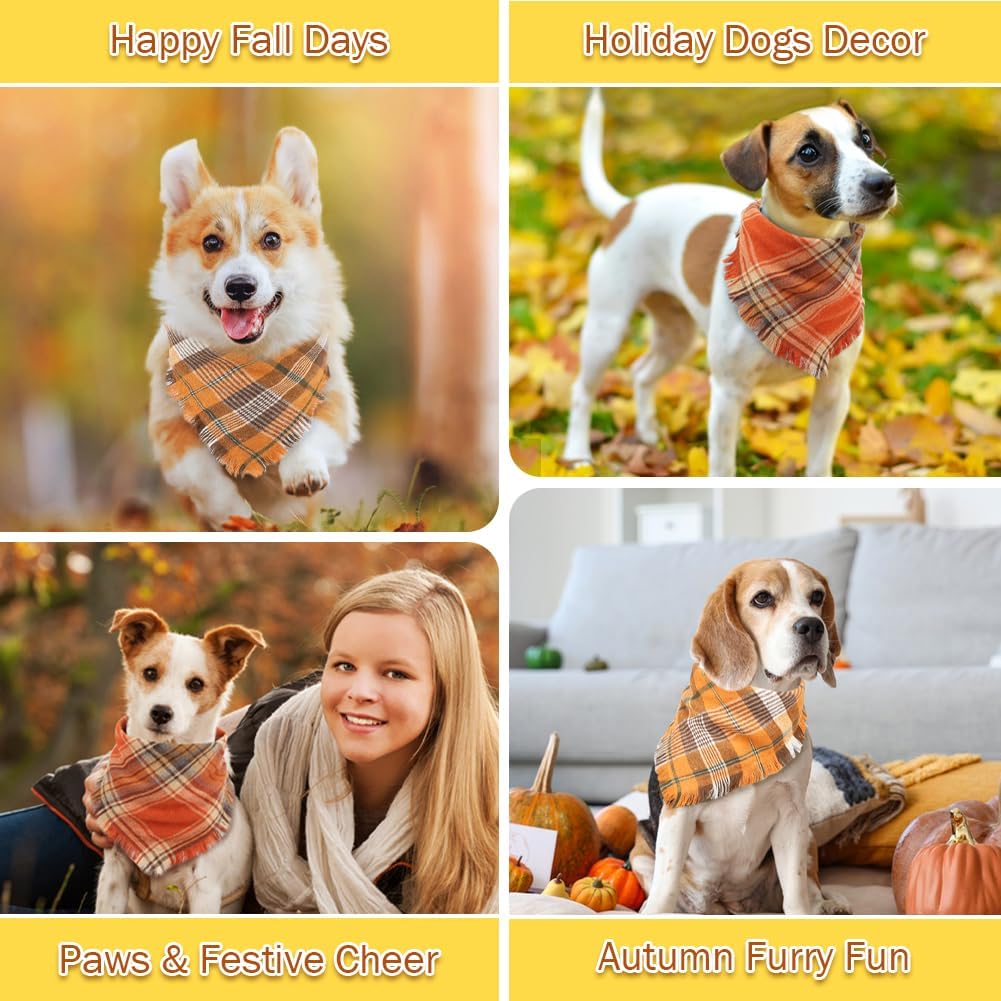 KFX-7165373 Fall Plaid Dog Bandana with Tassel Edges - Cozy Triangle Scarf for Thanksgiving and Everyday Wear