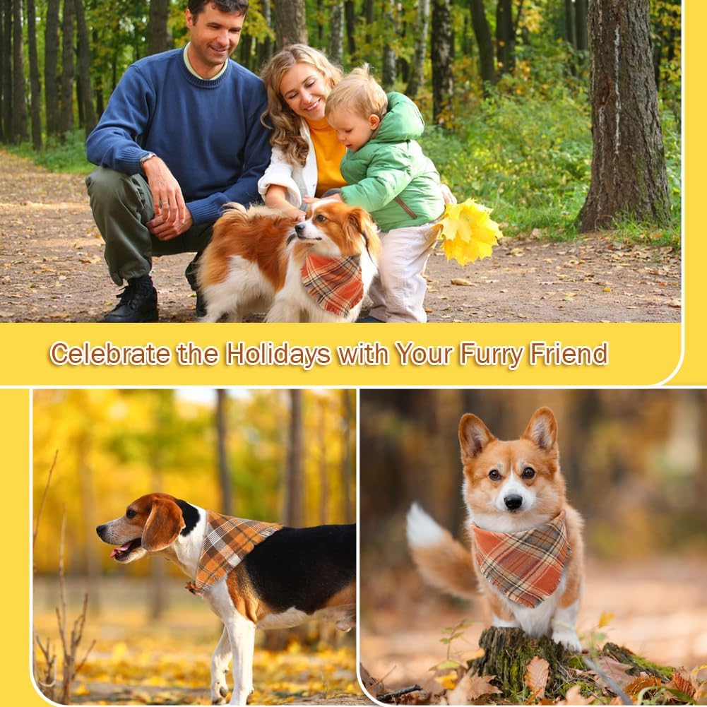 KFX-7165373 Fall Plaid Dog Bandana with Tassel Edges - Cozy Triangle Scarf for Thanksgiving and Everyday Wear