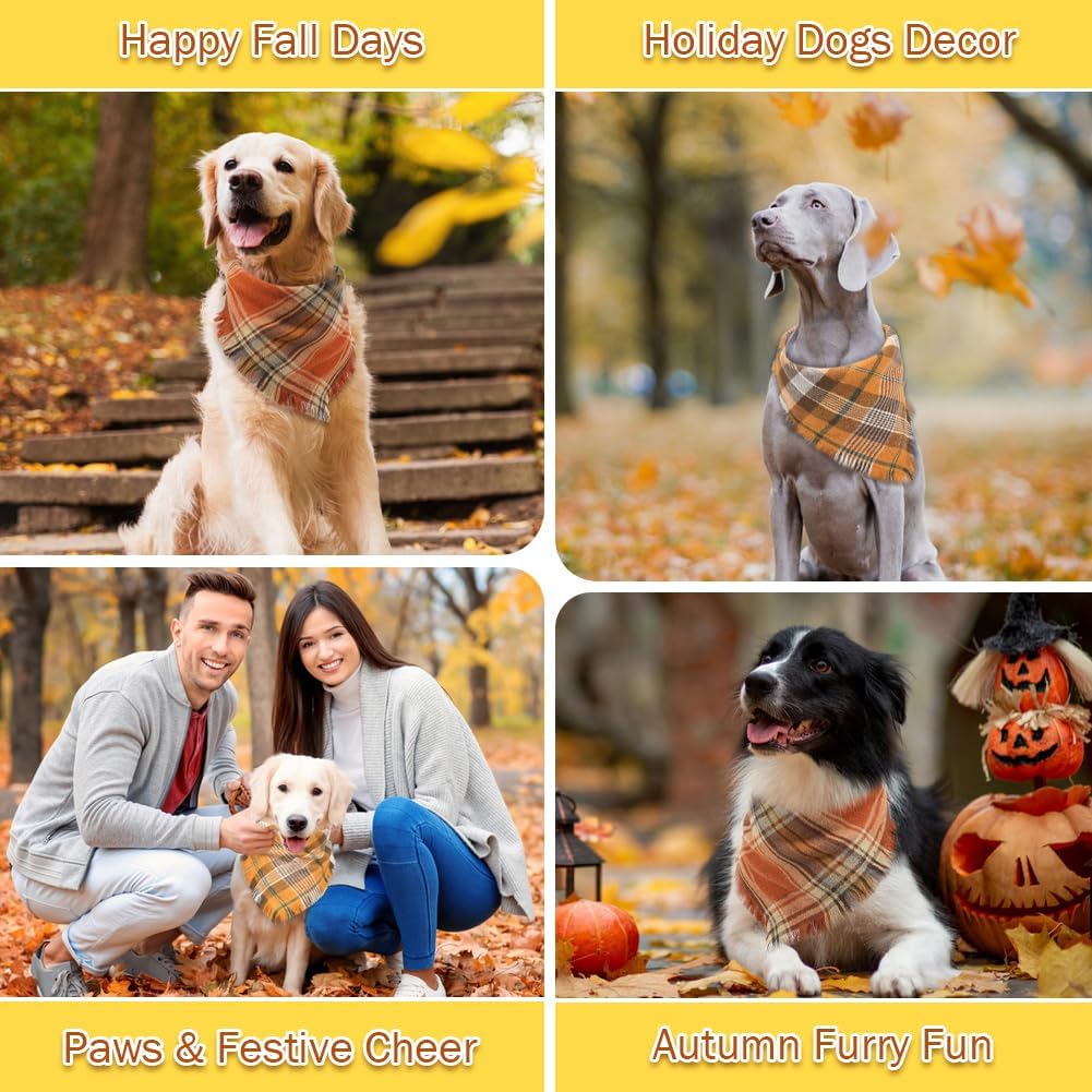 KFX-7165373 Fall Plaid Dog Bandana with Tassel Edges - Cozy Triangle Scarf for Thanksgiving and Everyday Wear