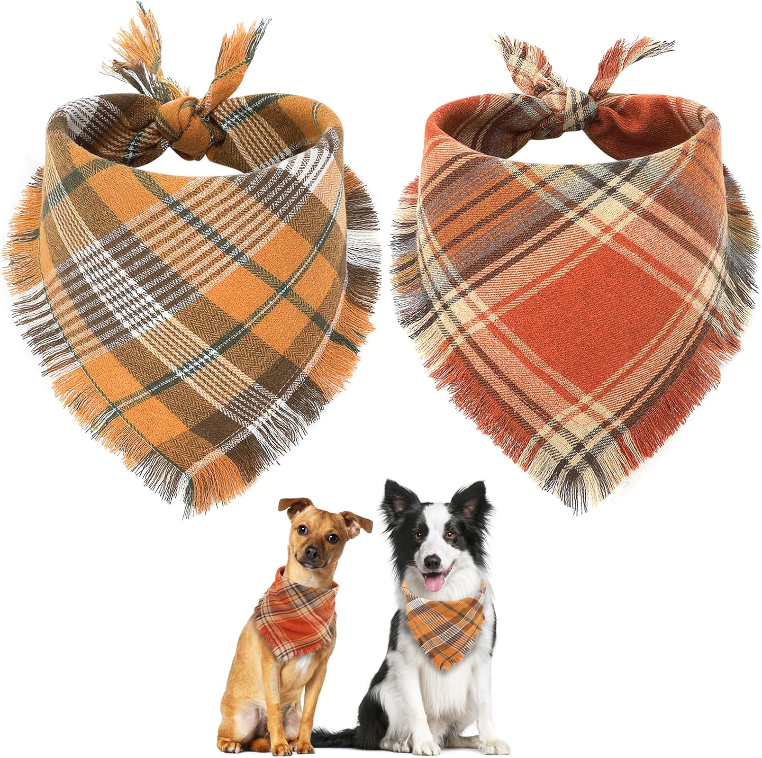 KFX-7165373 Fall Plaid Dog Bandana with Tassel Edges - Cozy Triangle Scarf for Thanksgiving and Everyday Wear