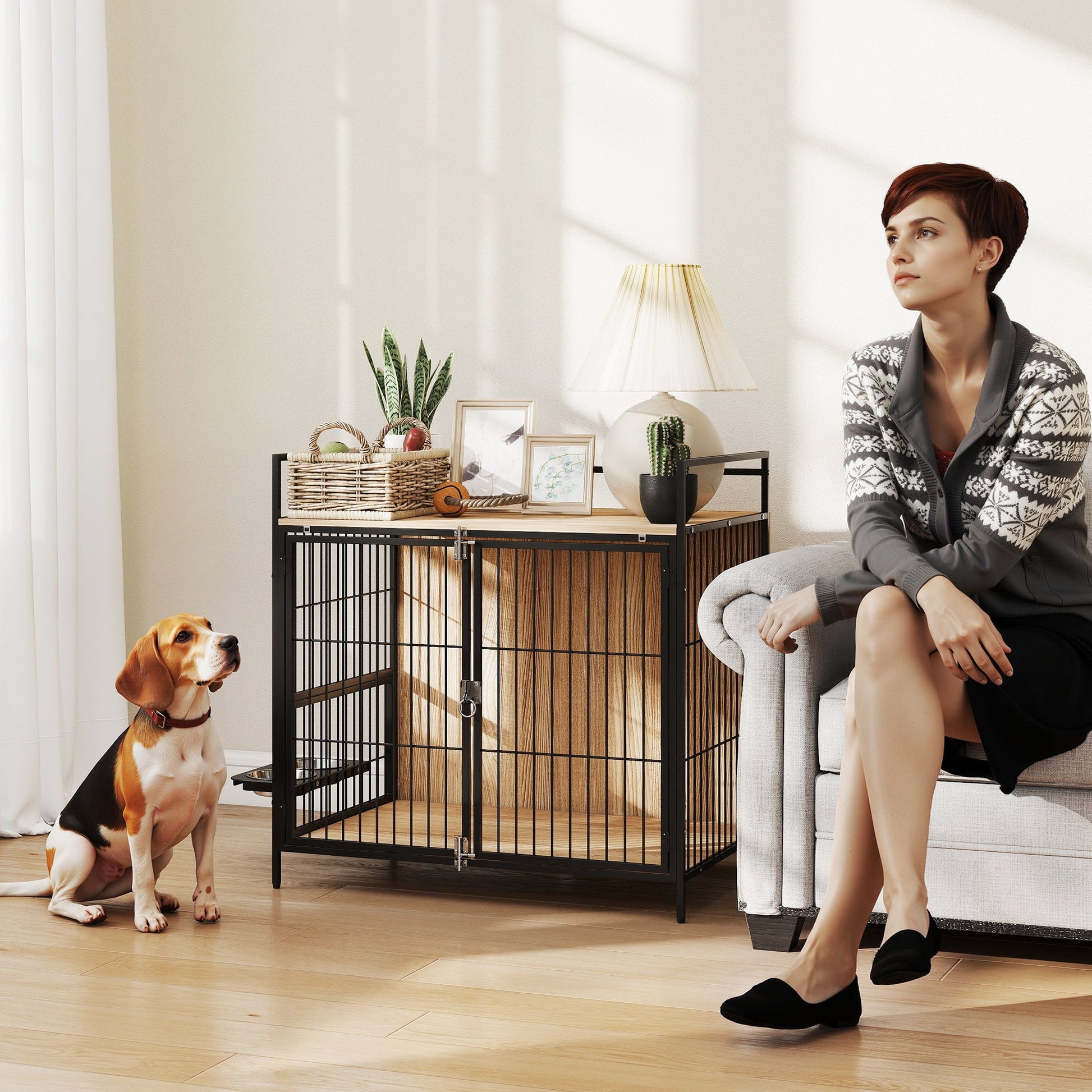 KFX-7169341 Dog Crate Furniture with Anti-Chew Design and Secure Single Door, 39" Walnut Brown