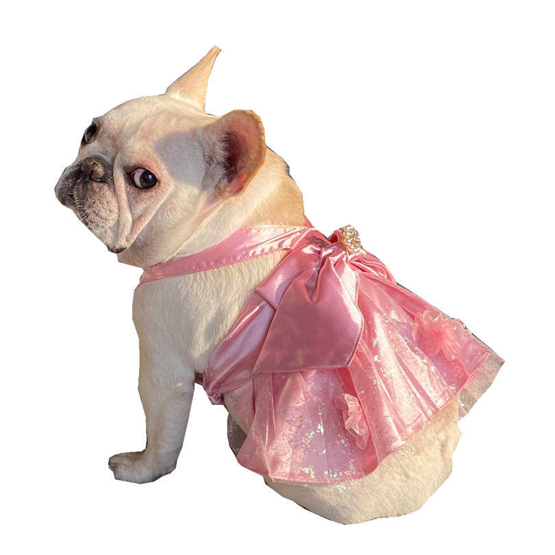 KFX-7173693 Pink Mesh Dress Skirt for Dogs and Cats with Bow and Pearl - Sizes S2 to 3XL
