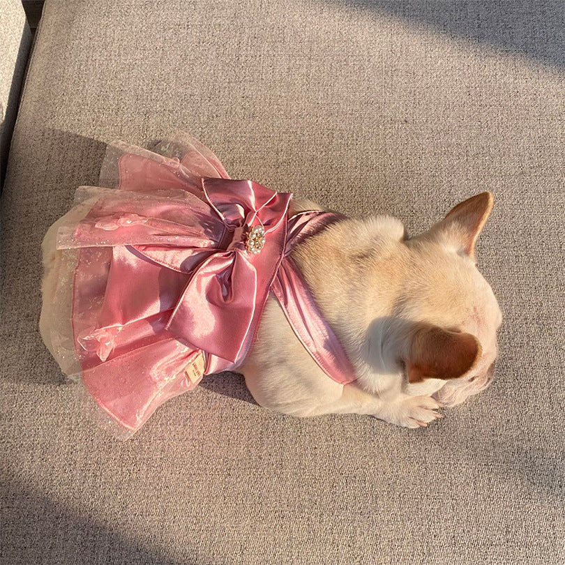 KFX-7173693 Pink Mesh Dress Skirt for Dogs and Cats with Bow and Pearl - Sizes S2 to 3XL