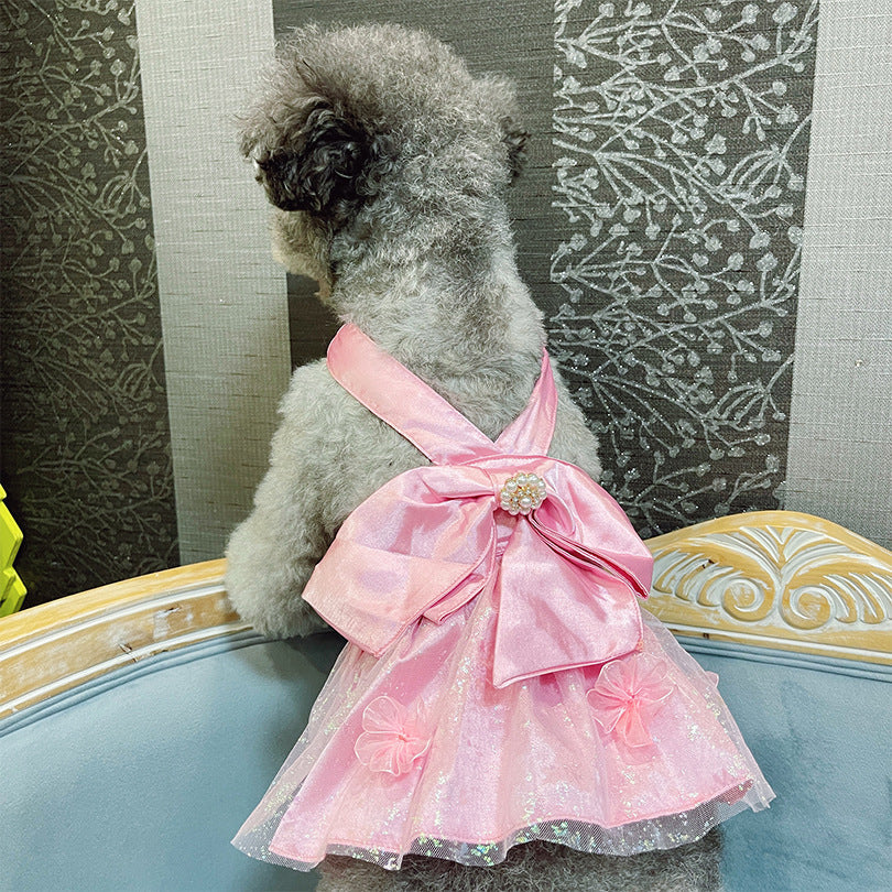 KFX-7173693 Pink Mesh Dress Skirt for Dogs and Cats with Bow and Pearl - Sizes S2 to 3XL