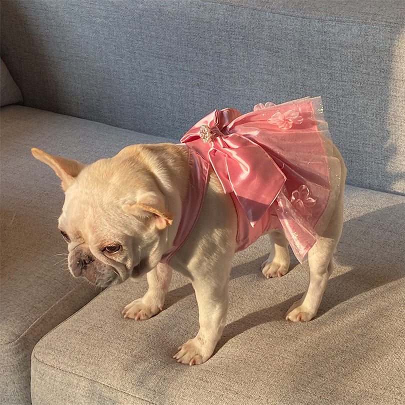 KFX-7173693 Pink Mesh Dress Skirt for Dogs and Cats with Bow and Pearl - Sizes S2 to 3XL