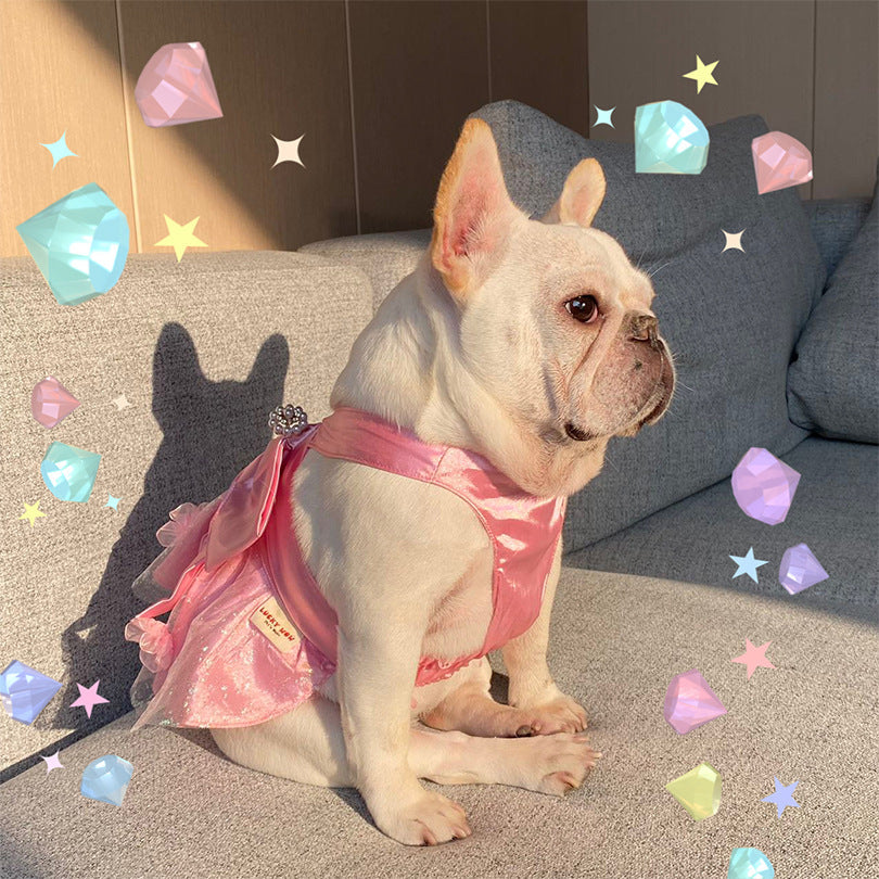 KFX-7173693 Pink Mesh Dress Skirt for Dogs and Cats with Bow and Pearl - Sizes S2 to 3XL