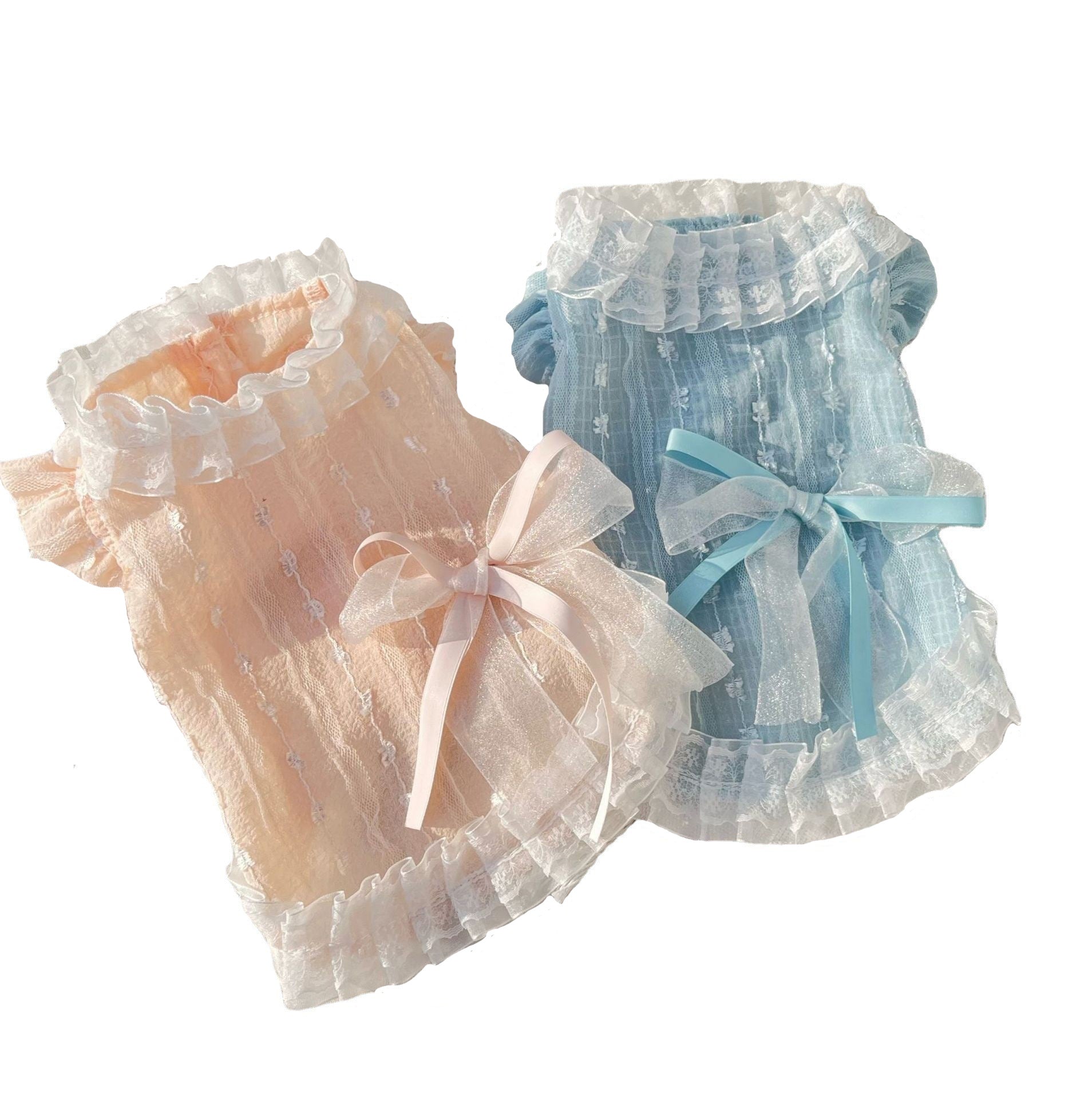 KFX-7177789 Chiffon Lace Bow Dress for Pets - Stylish Blue and Pink Skirt - Sizes 2XS to 3XL