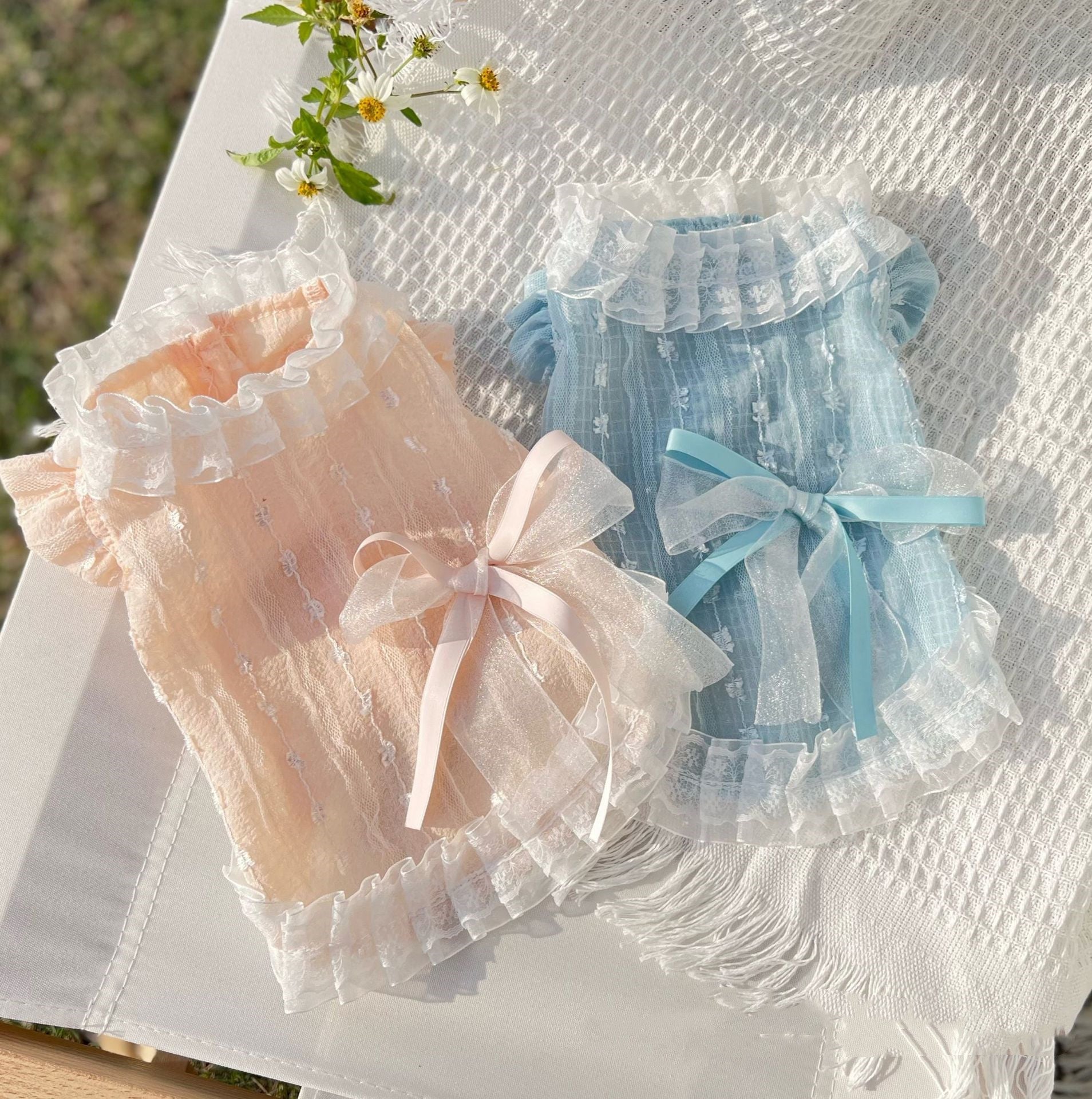 KFX-7177789 Chiffon Lace Bow Dress for Pets - Stylish Blue and Pink Skirt - Sizes 2XS to 3XL