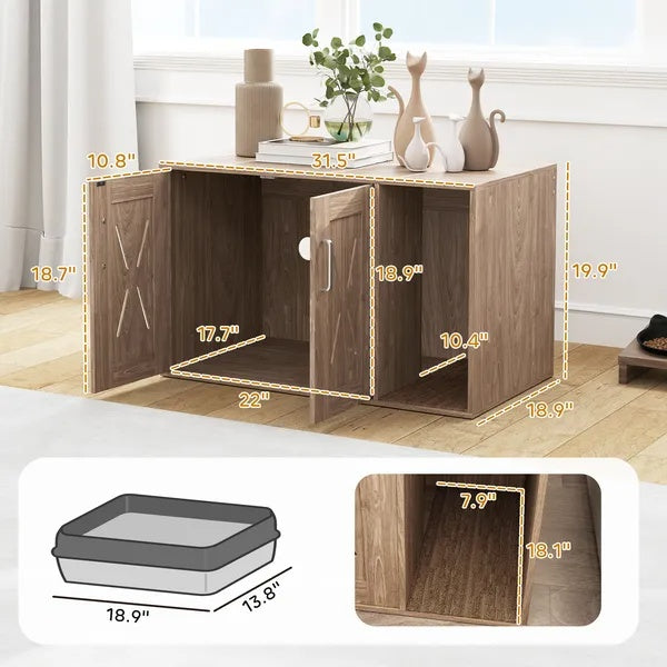 KFX-7182653 Cat Litter Box Enclosure with Scratching Board and Side Table Functionality - Walnut Brown, 31.5 x 19 x 20 Inch