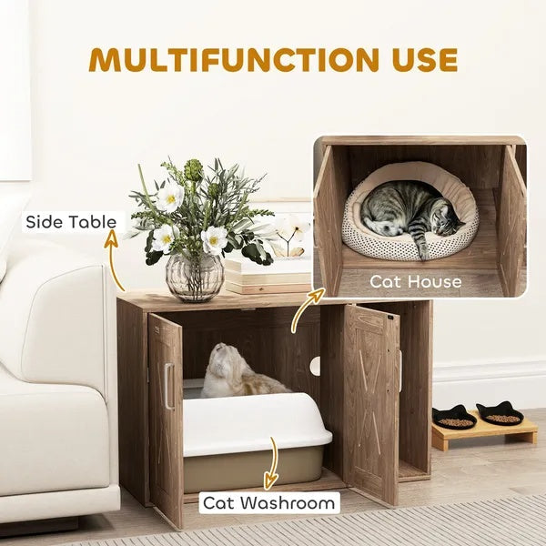 KFX-7182653 Cat Litter Box Enclosure with Scratching Board and Side Table Functionality - Walnut Brown, 31.5 x 19 x 20 Inch