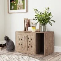 KFX-7188413 Cat Litter Box Enclosure with Scratching Board - Walnut Brown Side Table for Litter Box Storage