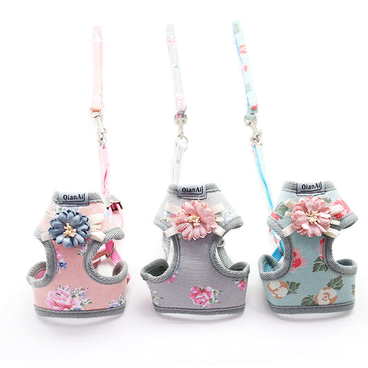 KFX-7191997 Summer Floral Dog Leash with Chest Harness in Pink, Sky Blue, and Gray