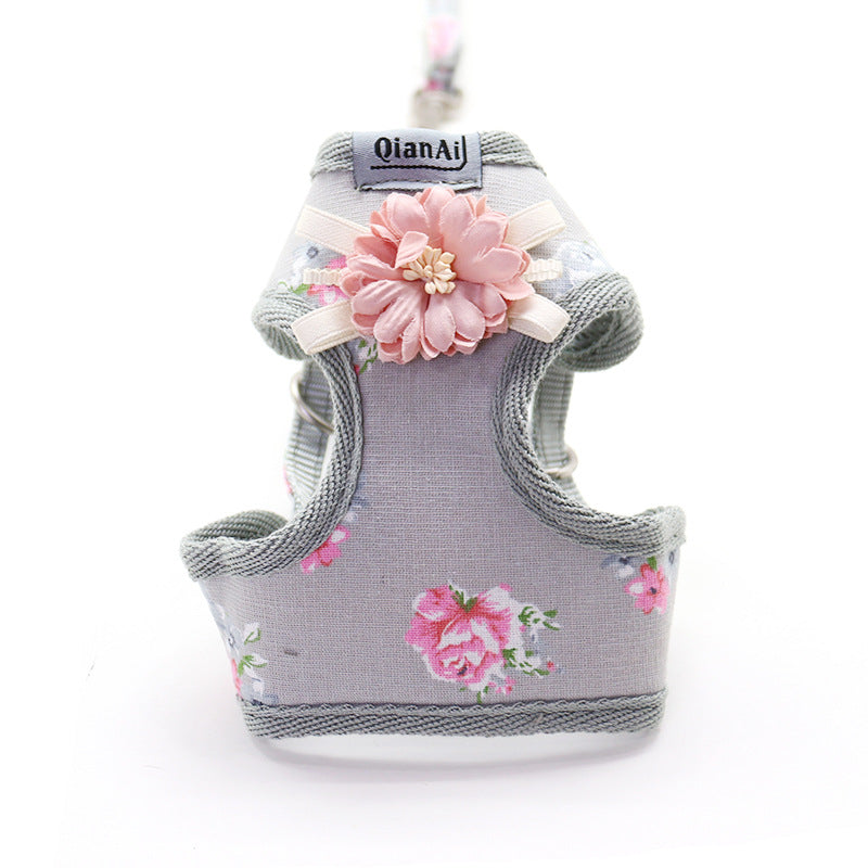 KFX-7191997 Summer Floral Dog Leash with Chest Harness in Pink, Sky Blue, and Gray