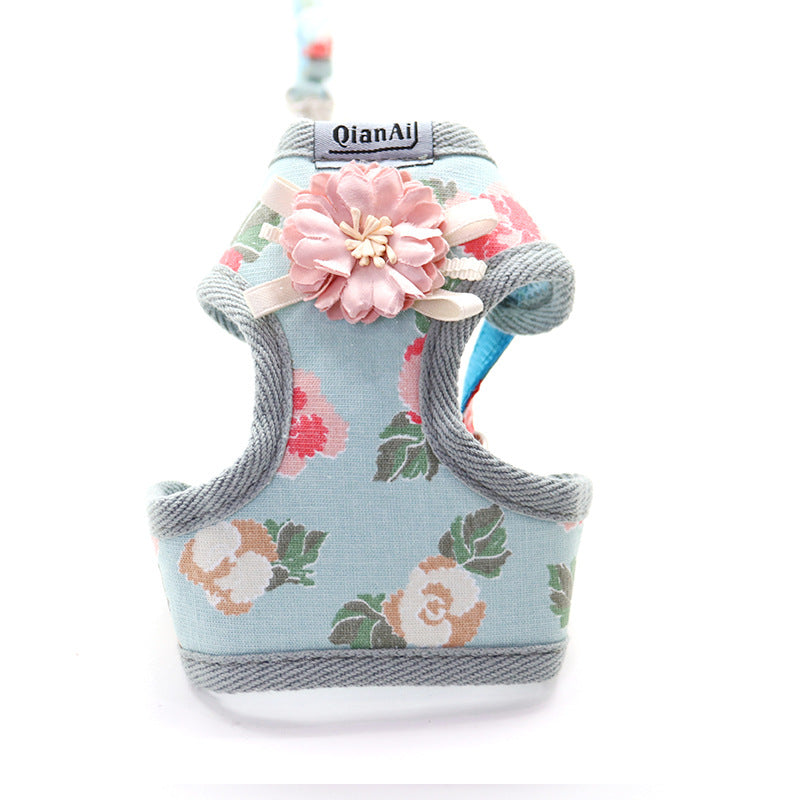 KFX-7191997 Summer Floral Dog Leash with Chest Harness in Pink, Sky Blue, and Gray