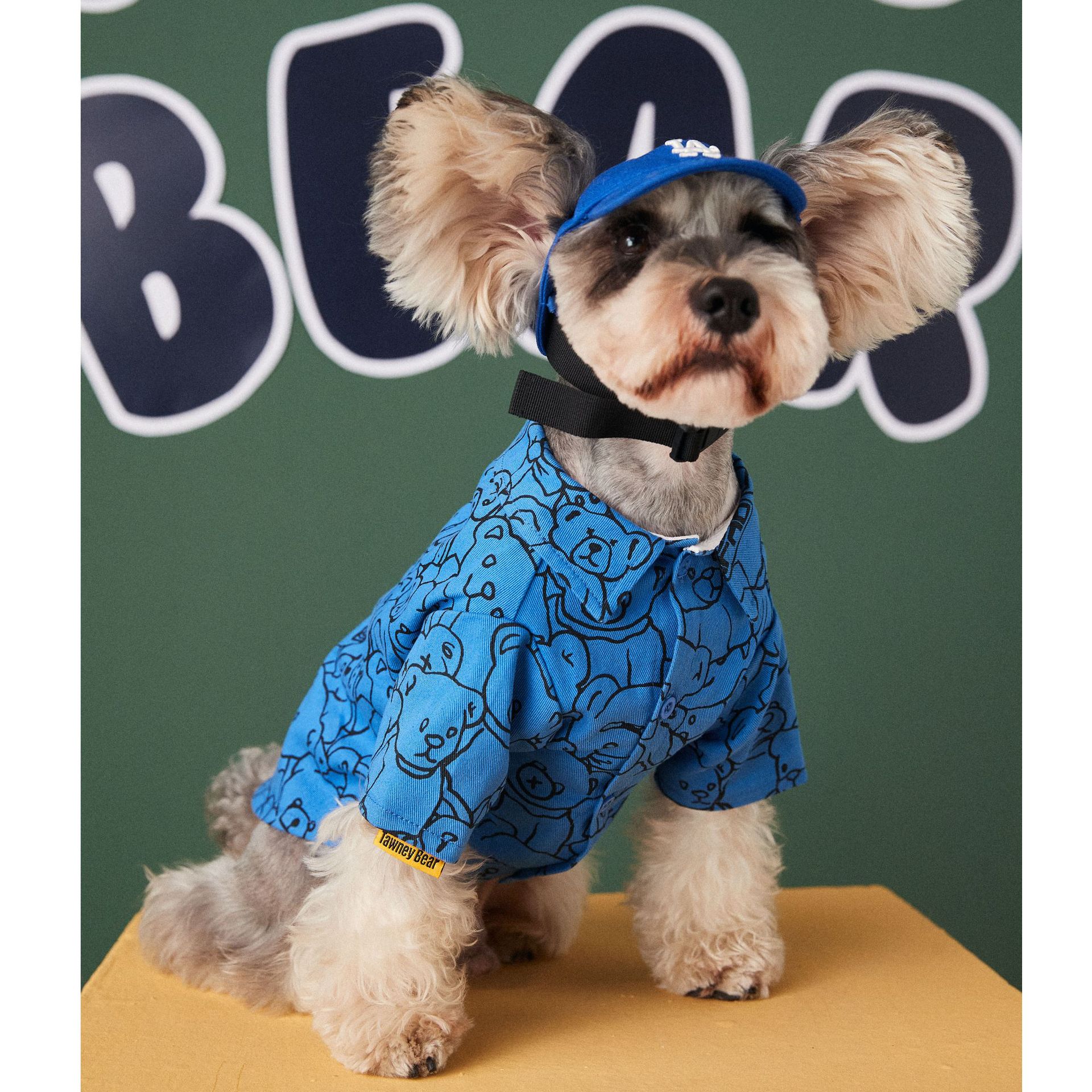 KFX-7193277 Autumn Pet Shirt for Dogs with Cute Schnauzer and Bichon Print - Cotton, Blue & Yellow, Sizes S-2XL