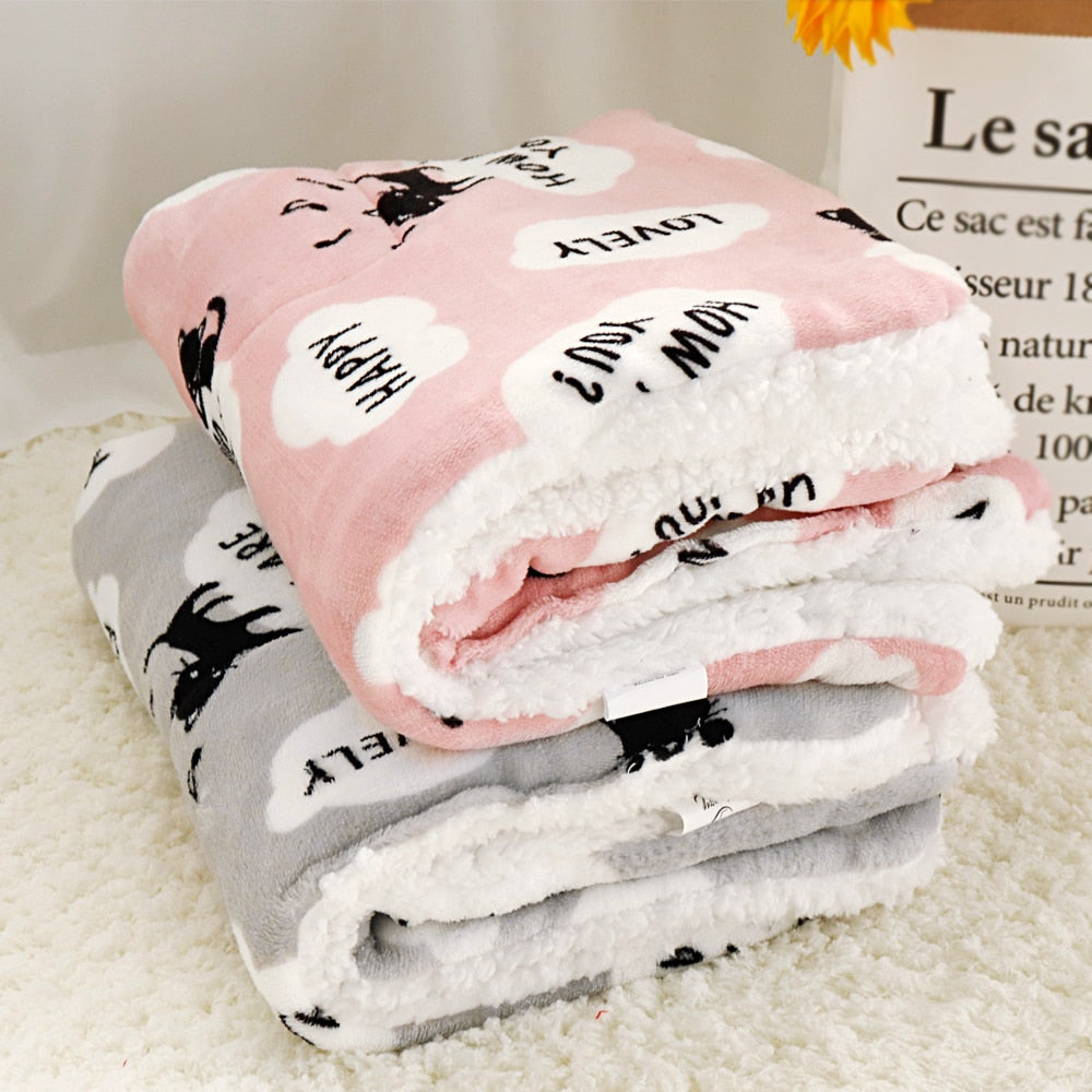 KFX-7194557 Lambskin Flannel and Cashmere Pet Blanket with Cute Cartoon Design