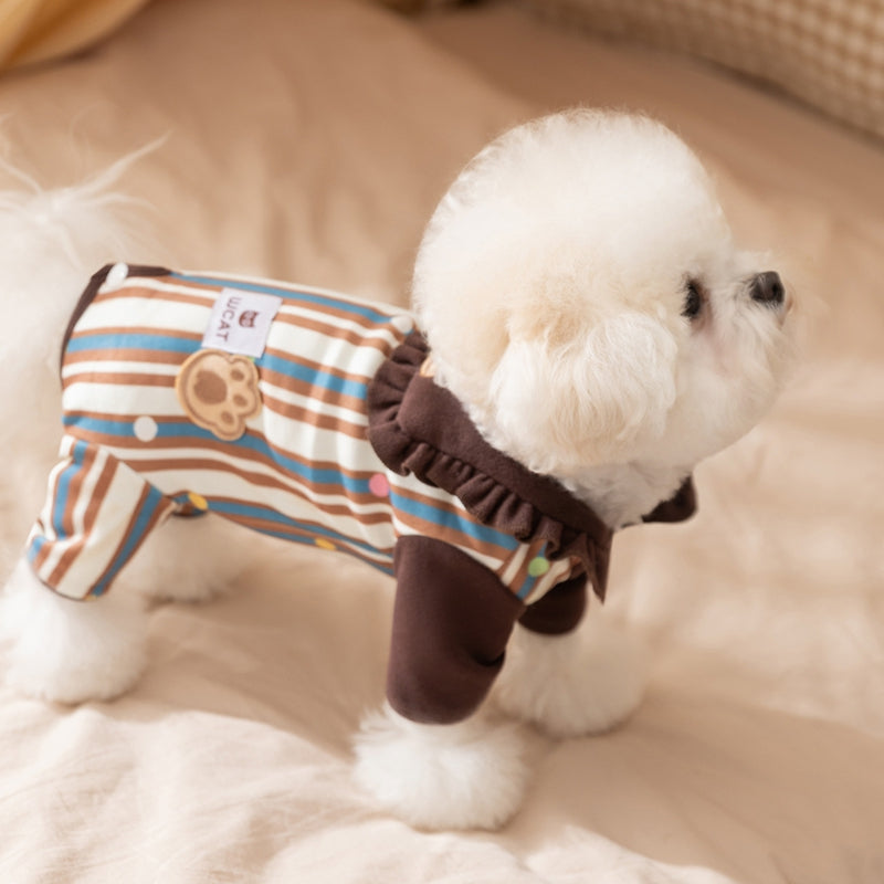 KFX-7197245 Adorable Striped Pet Onesie with Bear Patch and Ruffled Collar for Small Dogs