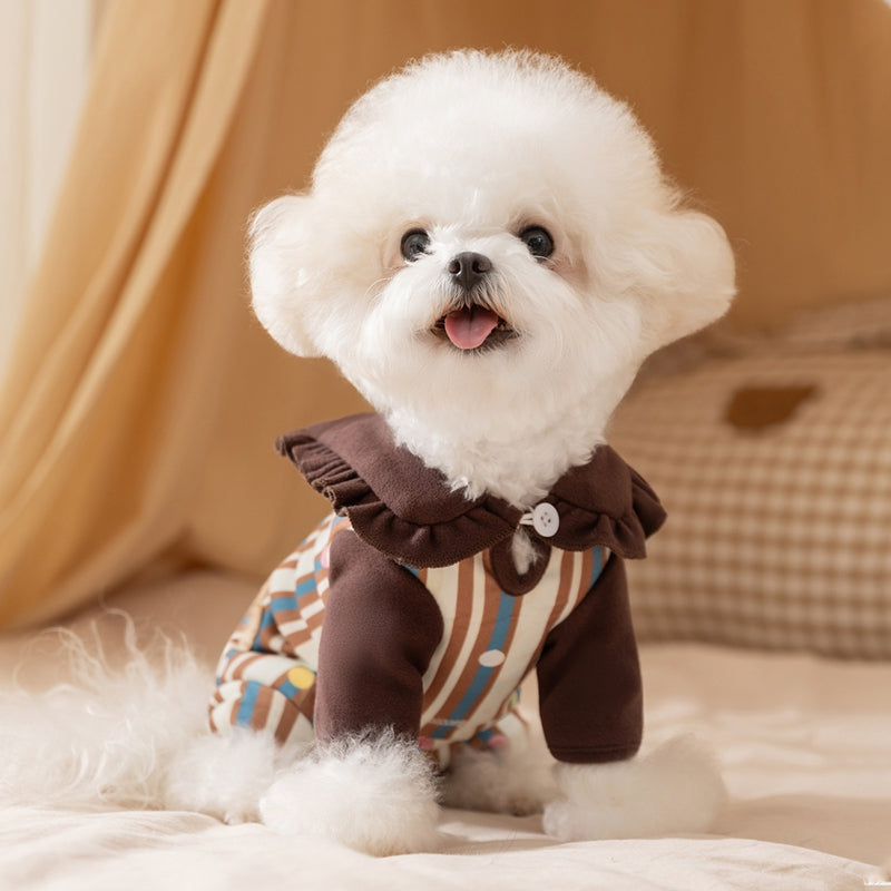 KFX-7197245 Adorable Striped Pet Onesie with Bear Patch and Ruffled Collar for Small Dogs