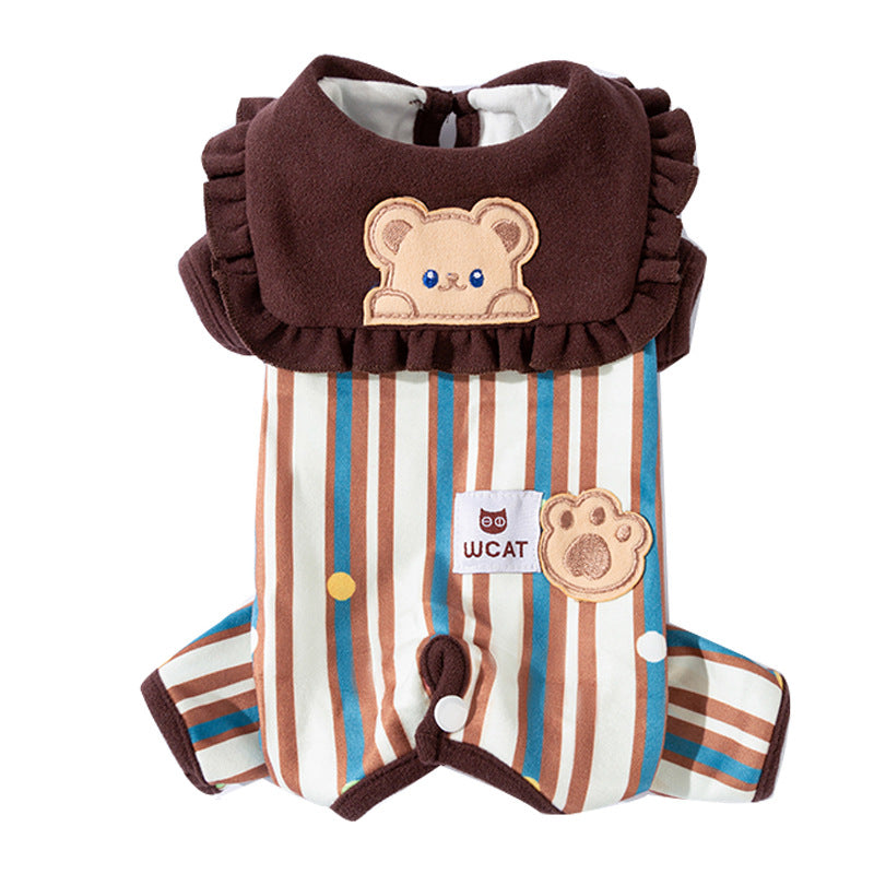 KFX-7197245 Adorable Striped Pet Onesie with Bear Patch and Ruffled Collar for Small Dogs