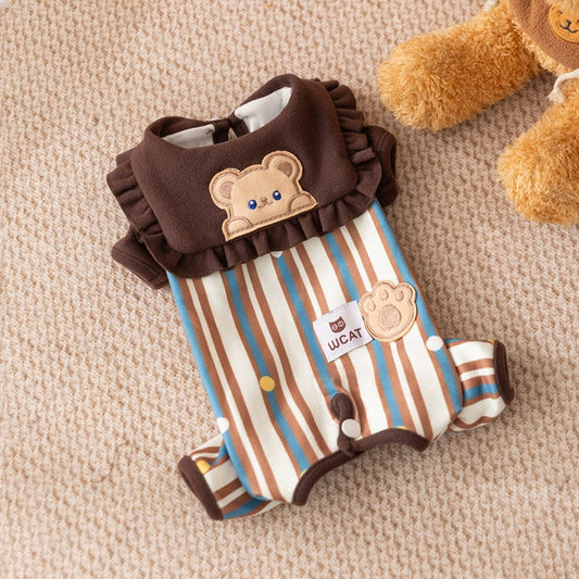 KFX-7197245 Adorable Striped Pet Onesie with Bear Patch and Ruffled Collar for Small Dogs