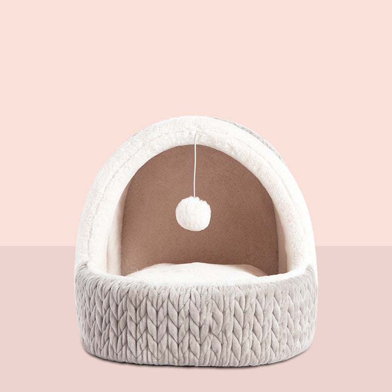 KFX-7198525 Universal Semi-enclosed Cat Bed and Kennel for Winter Comfort in Pink and Gray