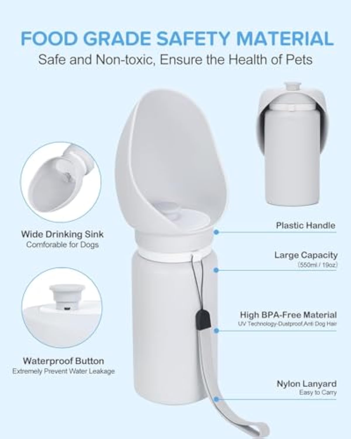 KFX-7199933 Portable Foldable Dog Water Bottle with BPA-Free Silicone for Travel and Outdoor Use, 550ml Capacity