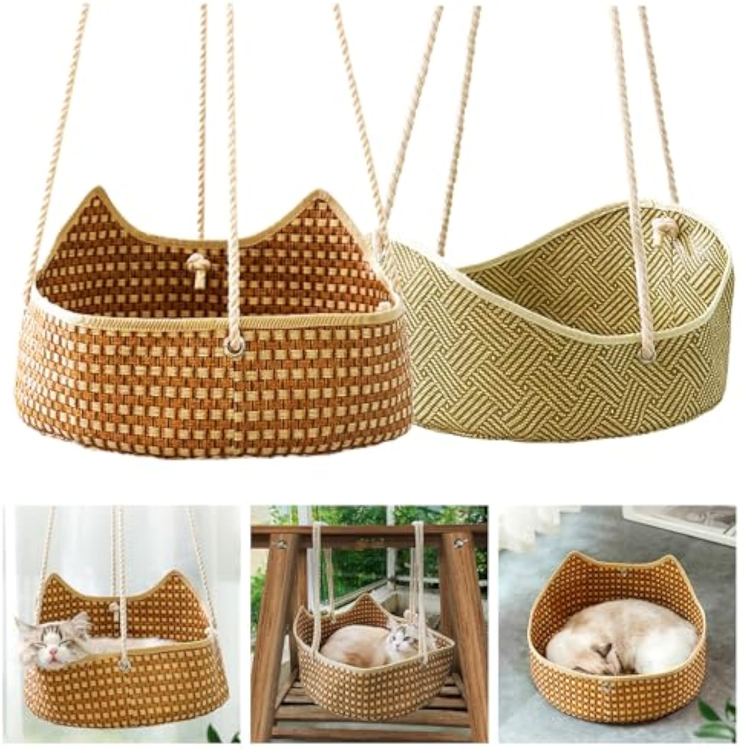 KFX-7201725 Breathable Rattan Cat Hammock with Metal Hooks - Comfortable Indoor/Outdoor Pet Bed for Small Animals