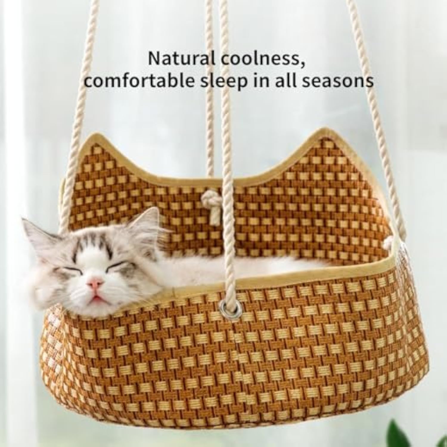 KFX-7201725 Breathable Rattan Cat Hammock with Metal Hooks - Comfortable Indoor/Outdoor Pet Bed for Small Animals