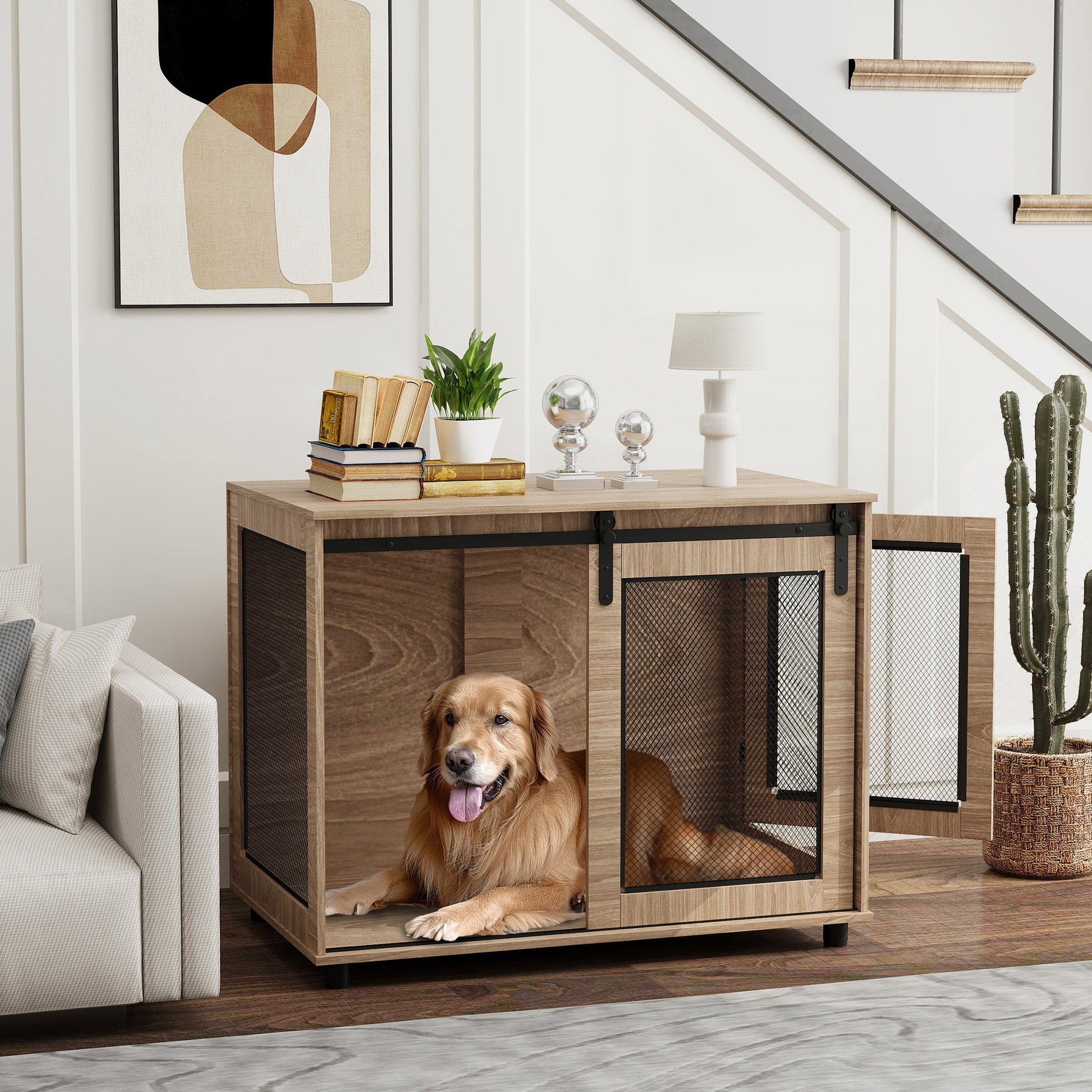 KFX-7202109 Elegant 39" Dog Crate Furniture with Flip-Top, Dual Doors, and Ventilation for Large Dogs