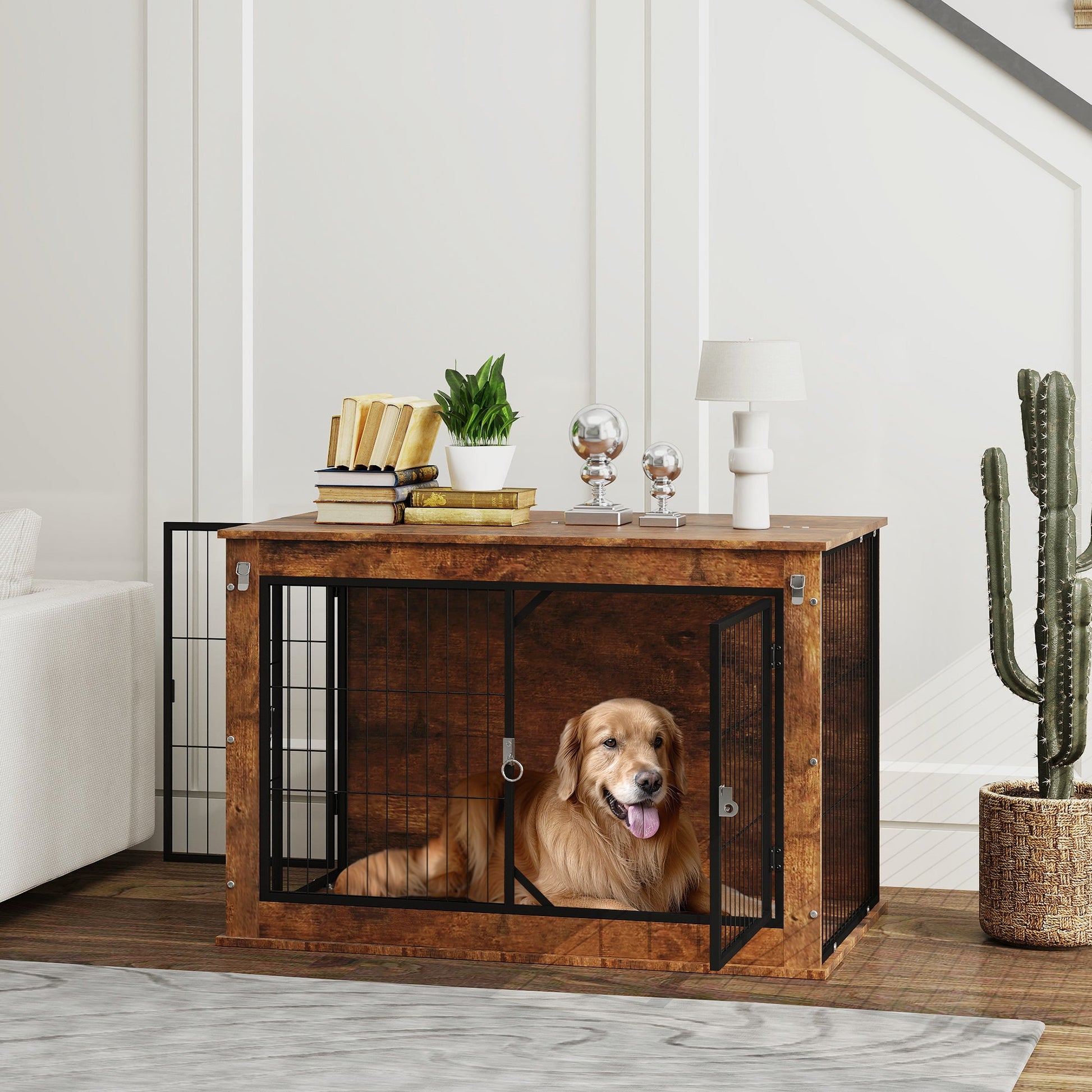 KFX-7202109 Elegant 39" Dog Crate Furniture with Flip-Top, Dual Doors, and Ventilation for Large Dogs