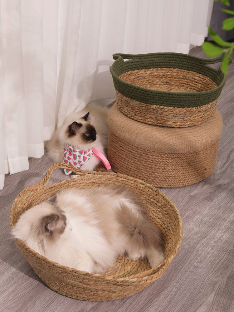 KFX-7202493 Woven Cat Litter Nest with Optional Cooling Pad and Japanese Sleeping Mat - 50x37x8cm