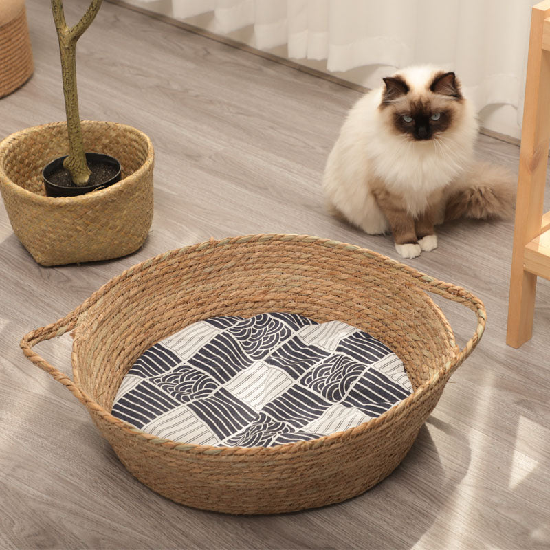 KFX-7202493 Woven Cat Litter Nest with Optional Cooling Pad and Japanese Sleeping Mat - 50x37x8cm