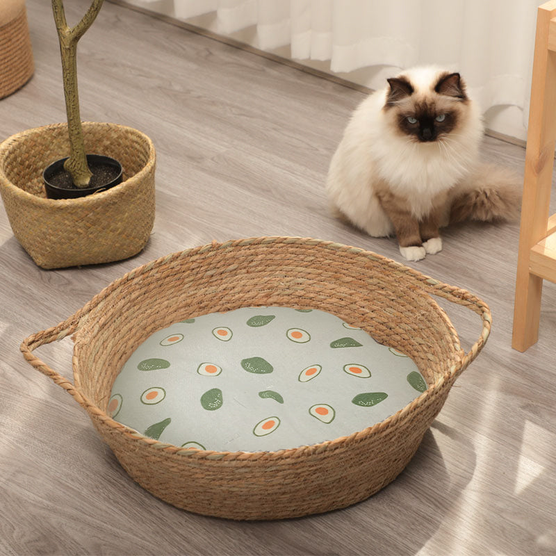 KFX-7202493 Woven Cat Litter Nest with Optional Cooling Pad and Japanese Sleeping Mat - 50x37x8cm