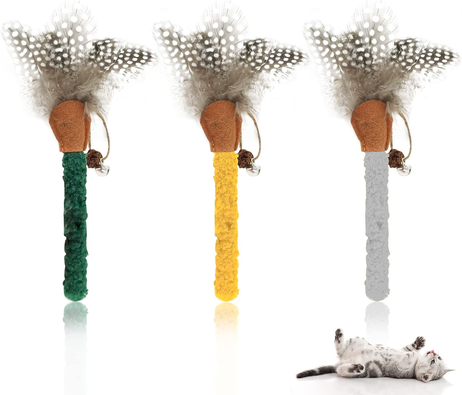 KFX-7205693 Natural Cat Chew Sticks with Feather for Teeth Cleaning and Stress Relief, 3-Color Set