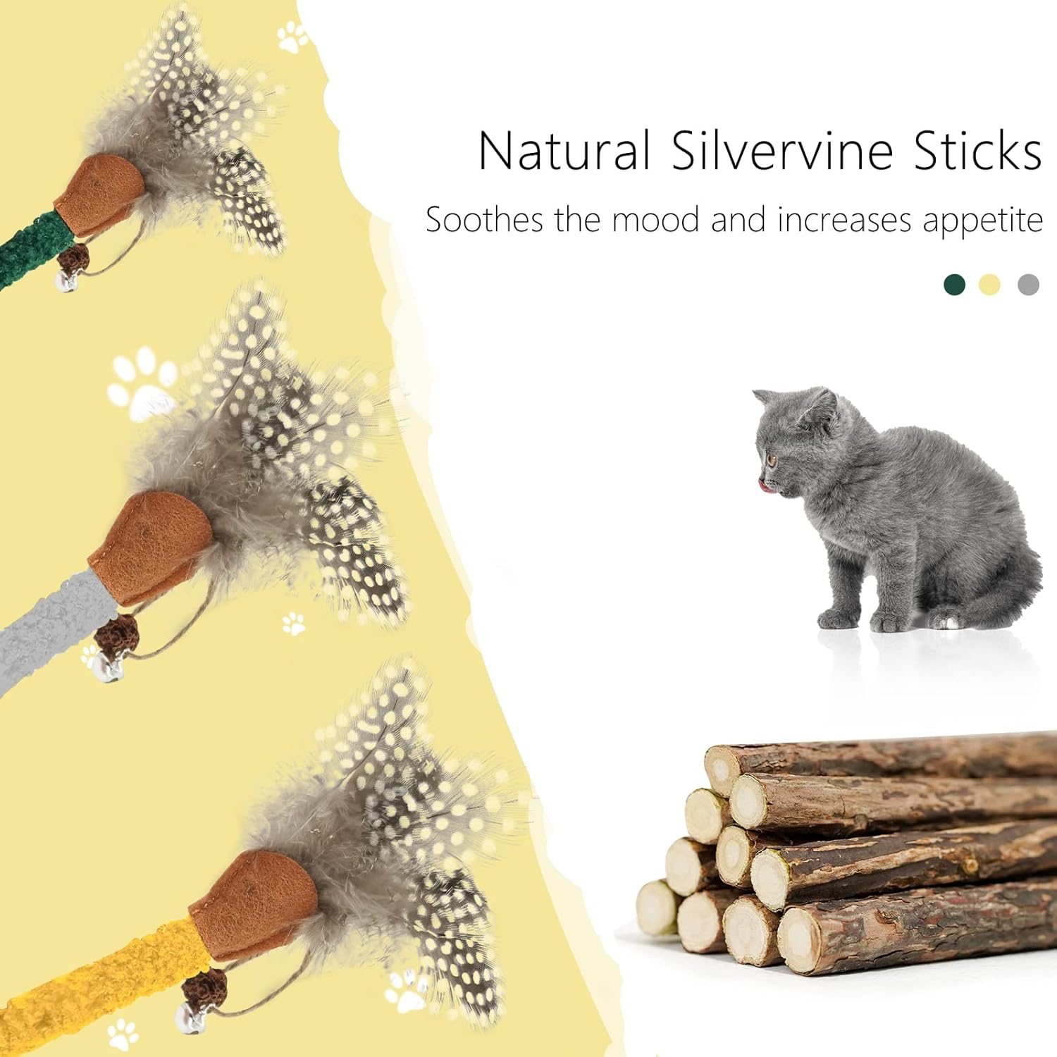 KFX-7205693 Natural Cat Chew Sticks with Feather for Teeth Cleaning and Stress Relief, 3-Color Set