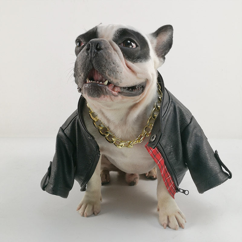 KFX-7218109 Stylish Motorcycle Leather Clothing for Pets – Two-Legged Design in Black with Cashmere Options