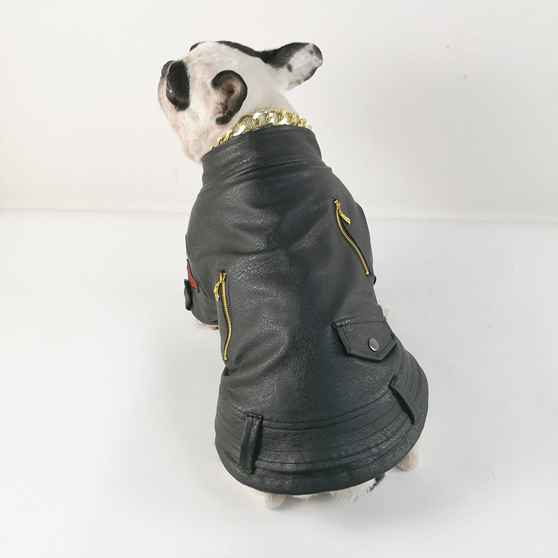KFX-7218109 Stylish Motorcycle Leather Clothing for Pets – Two-Legged Design in Black with Cashmere Options