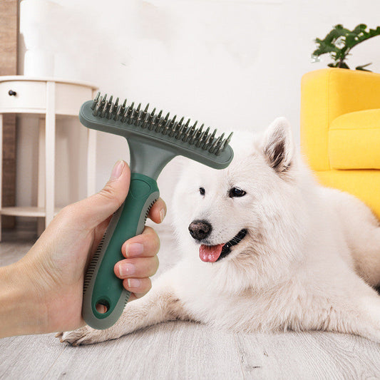 KFX-7221309 Double Row Pet Comb Brush for Cleaning and Grooming - Plastic, 155x43x110mm, Available in Pink, Green, Blue
