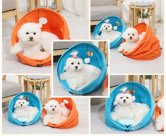 KFX-7229501 Medium Oxford Cloth Cylinder Pet Nest for Cats and Dogs - Cozy PP Cotton Cushion, Orange/Blue